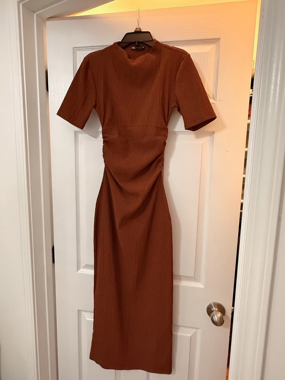 ZARA Rust Midi Dress with Ruched Waist